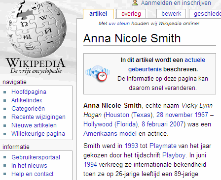 Wikipedia-nl AnnaNicoleSmith 2007-02-09